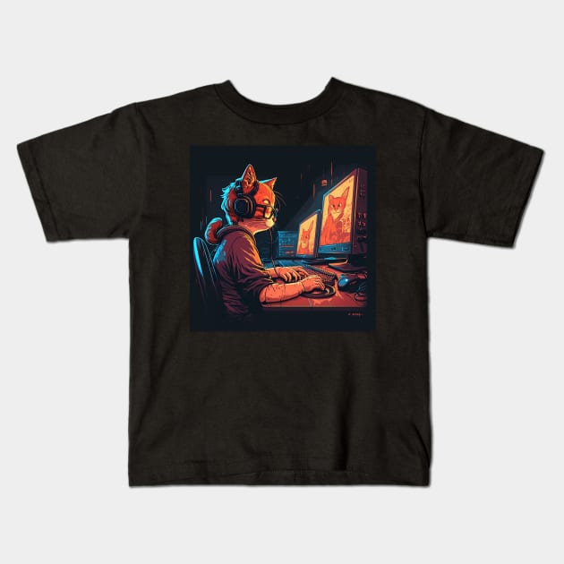 Nerd Cool Cat Playing Video Game Kids T-Shirt by Artevak